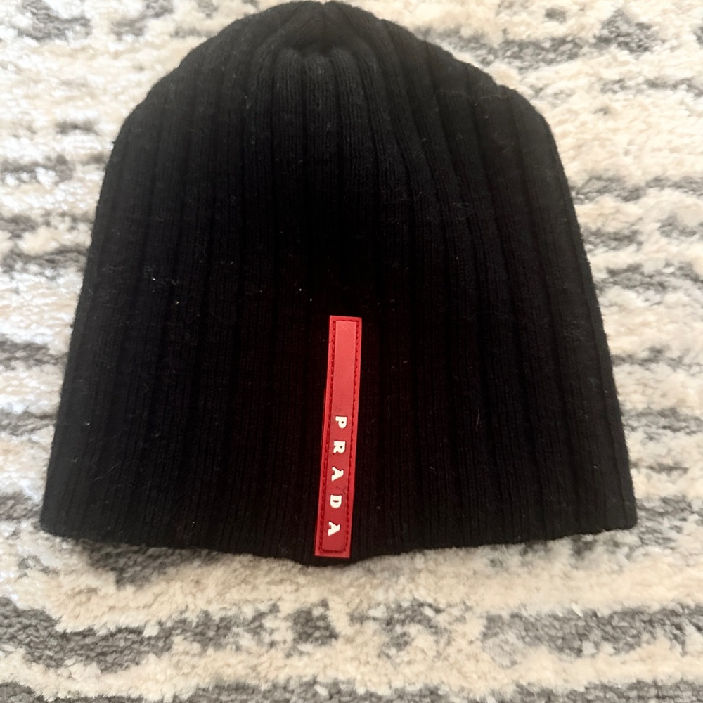 Prada Black Beanie with symbolic Red Logo